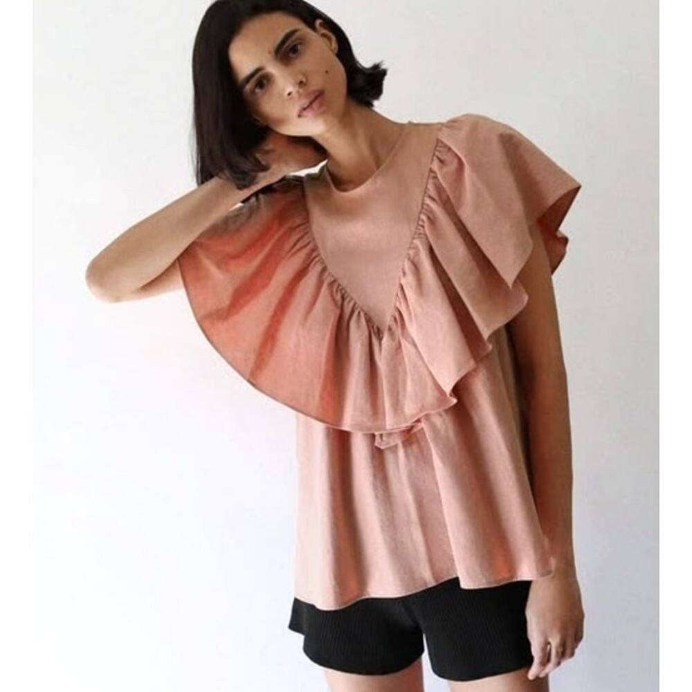 NWT ZARA Dusty Pink Textured Pure Cotton Flowing Ruffle Short Sleeve Blouse